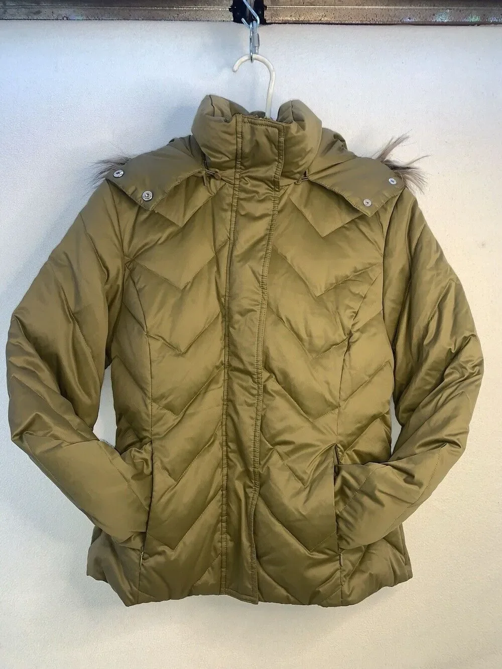 Sz M Nine West Womens Puffer Faux Fur Trim Hood jacket Down Parka Pockets Unworn